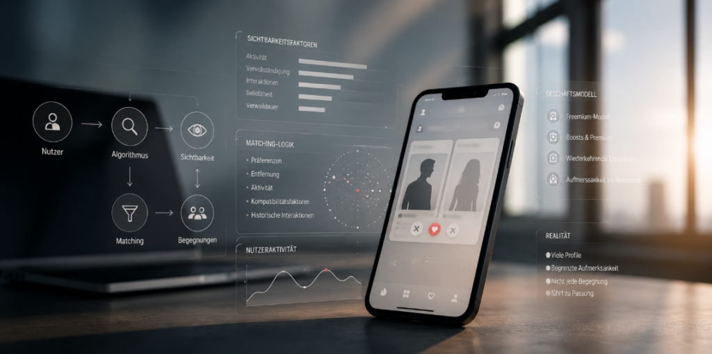 Minimalistische Darstellung von Plattformlogik und Rahmenbedingungen beim Online-Dating mit Dating-App, Algorithmus, Sichtbarkeit und moderner digitaler Plattformstruktur.