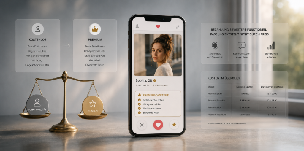 Minimalistische Darstellung kostenpflichtiger Online-Dating-Modelle mit Premium-Funktionen, Plattformvergleich und realistischer Einordnung digitaler Partnersuche.