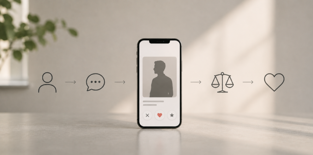 Minimalistische Darstellung eines realistischen Umgangs mit Online-Dating-Plattformen mit Dating-App, digitaler Kommunikation und ruhiger Einordnung moderner Plattformdynamiken.