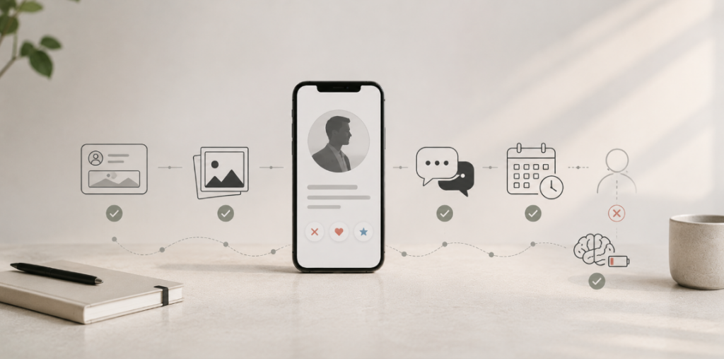 Minimalistische Darstellung praktischer Anwendung im Online-Dating mit Dating-Profil, digitaler Kommunikation, erstem Date und realistischer Einordnung typischer Plattformdynamiken.