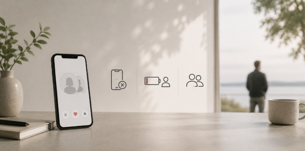 Minimalistische Darstellung der Grenzen von Online-Dating mit Dating-App, digitaler Ermüdung und bewusster Hinwendung zu realen Begegnungen im Alltag.
