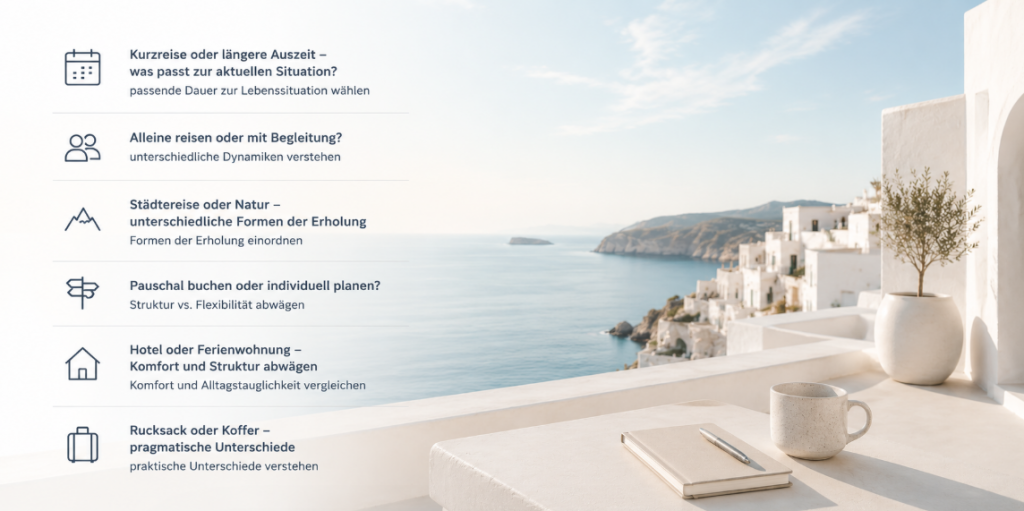 Minimalistische mediterrane Küstenszene mit heller Architektur, ruhigem Meer und warmem Sonnenlicht als stilvolles Beitragsbild zum Thema Reisen für Männer, bewusste Auszeiten und reflektierte Reiseentscheidungen.