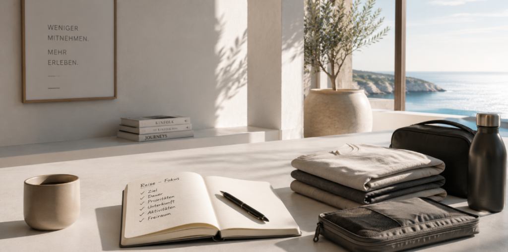 Minimalistische Reiseszene mit reduzierter Kleidung, strukturierter Vorbereitung und heller mediterraner Atmosphäre als Symbol für Reisen für Männer, bewusste Organisation und stressfreie Auszeiten.