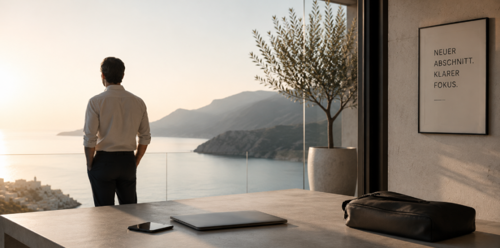 Minimalistische Business- und Reiseszene mit einzelner Person vor weiter Küstenlandschaft im warmen Abendlicht als Symbol für berufliche Neuorientierung, bewusste Auszeiten und Reisen als Übergang zwischen Lebensphasen.