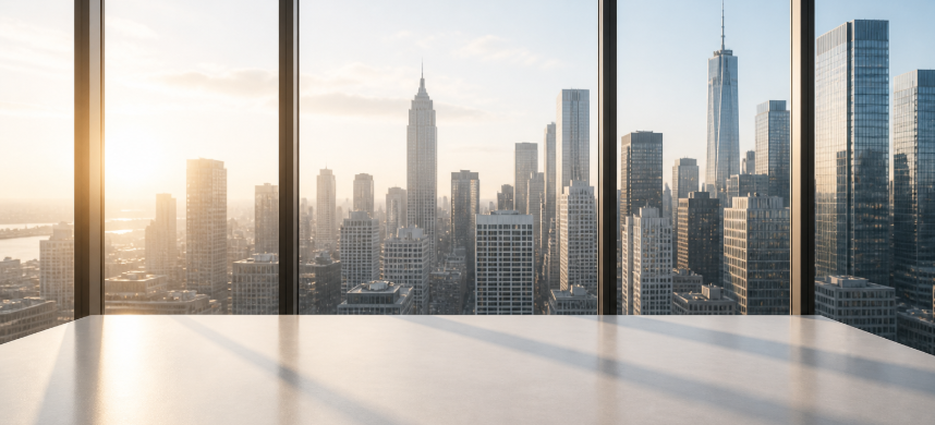Vermögensaufbau – heller minimalistischer Arbeitsplatz mit Blick auf moderne Stadt als Symbol für Struktur, Klarheit und langfristige finanzielle Entwicklung