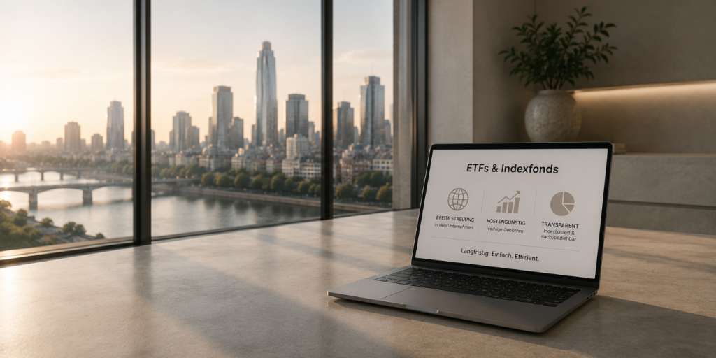 Minimalistische Darstellung zum Thema ETFs & Indexfonds mit modernem Laptop, heller Fensterfront und urbanem Umfeld als Symbol für langfristigen Vermögensaufbau und passive Geldanlage.
