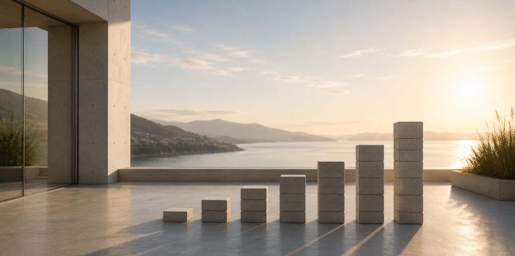 Minimalistische Darstellung eines ETF-Sparplans und langfristigen Investierens mit abstrahiertem Vermögenswachstum in moderner Architektur am Wasser im warmen Tageslicht.
