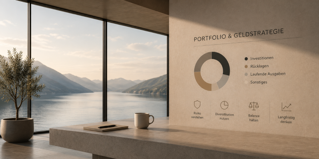 Minimalistische Darstellung einer Portfolio- & Geldstrategie mit moderner Architektur, strukturierter Vermögensaufteilung und ruhigem langfristigem Investitionsansatz im hellen Business-Umfeld.