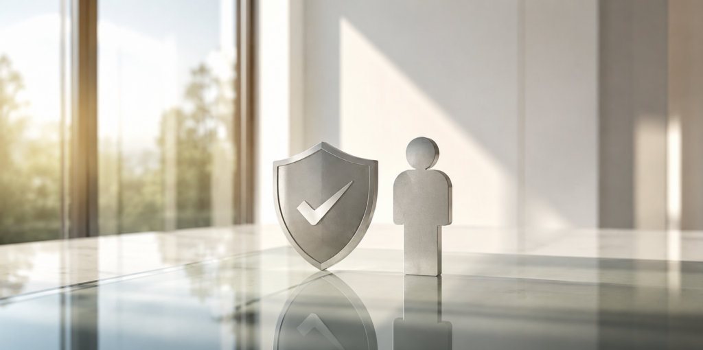 Minimalistische Darstellung zum Thema Versicherungen für Männer mit Schutzsymbol und abstrahierter Person auf hellem Glas-Schreibtisch im modernen Homeoffice.
