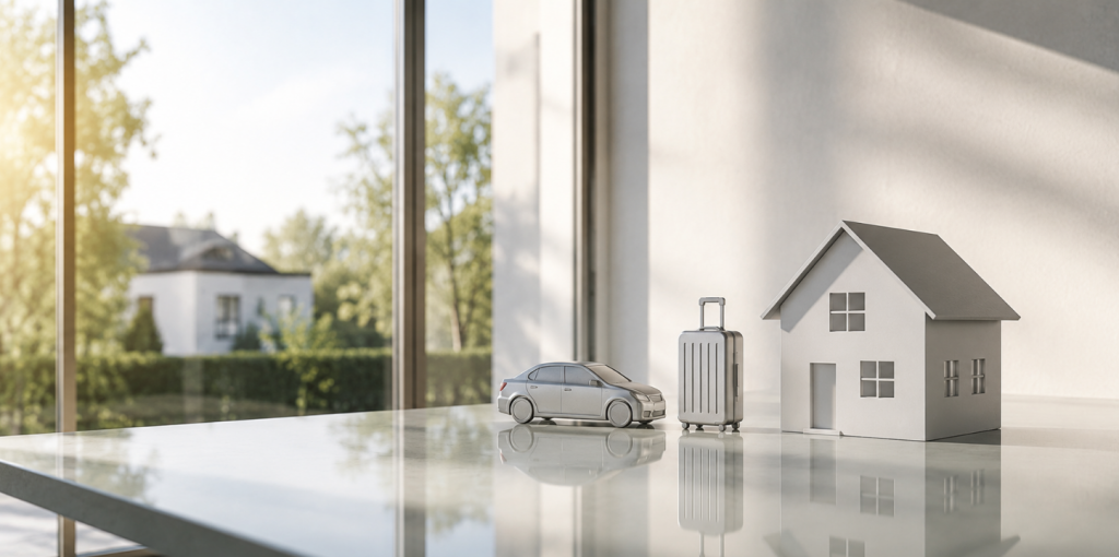 Minimalistische Darstellung zum Thema Sachversicherungen für Männer mit Hausmodell, Fahrzeug und Gepäck auf hellem Glas-Schreibtisch im modernen Wohnraum.