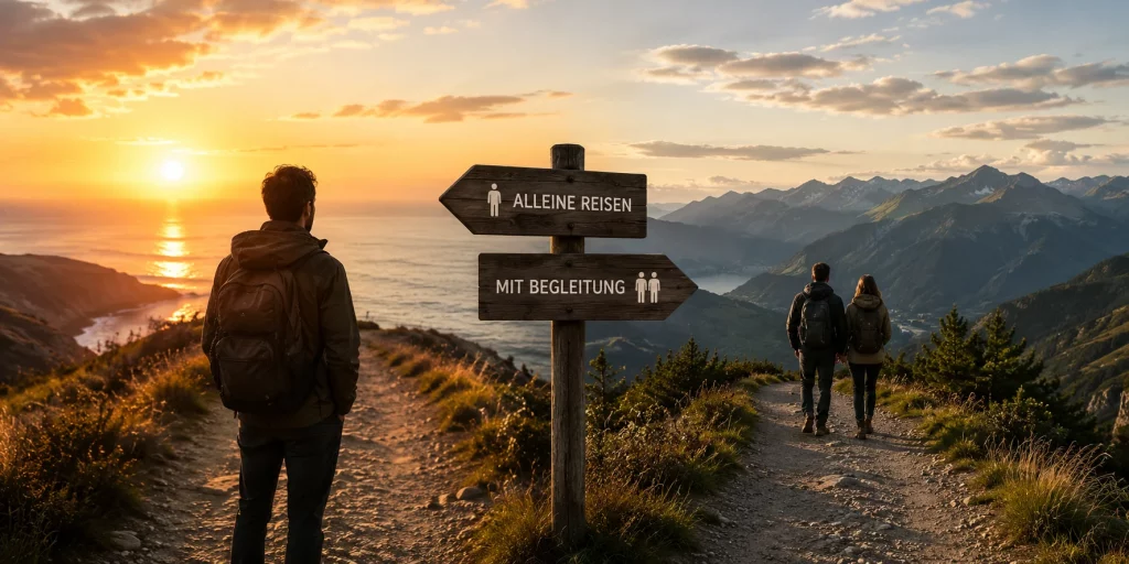Ein Reisender blickt an einer Weggabelung in die Ferne, während ein Paar gemeinsam seinen Weg fortsetzt. Das Motiv zeigt die Entscheidung „Alleine reisen oder mit Begleitung“ und die unterschiedlichen Erfahrungen beider Reiseformen.
