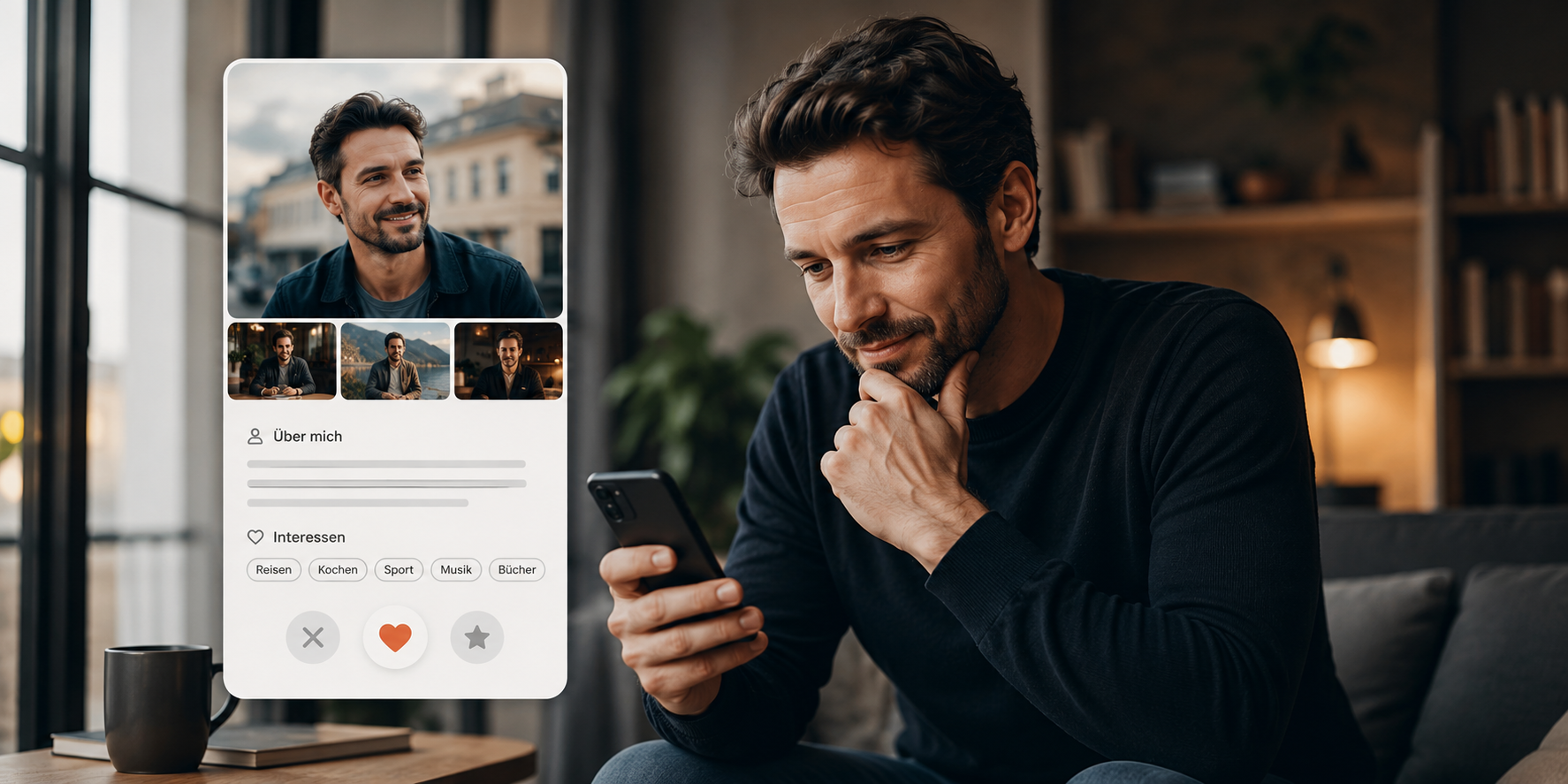 Ein Mann sitzt in einer modernen Wohnung am Fenster und betrachtet nachdenklich sein Smartphone, während neben ihm eine Dating-Profilansicht mit Fotos, Interessen und Profilinformationen eingeblendet ist. Die Szene steht für die Erstellung eines erfolgreichen Dating-Profils mit passenden Bildern und aussagekräftigem Profiltext.