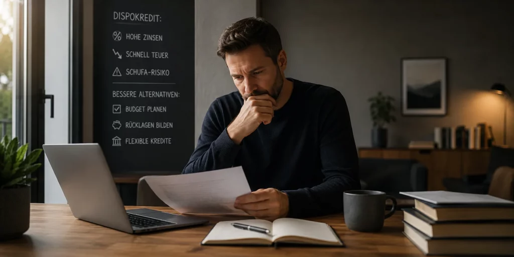 Mann sitzt nachdenklich an einem Schreibtisch mit Unterlagen und Laptop und prüft seine Finanzen. Die Szene vermittelt die Risiken eines Dispokredits und die Suche nach besseren finanziellen Alternativen im Alltag.