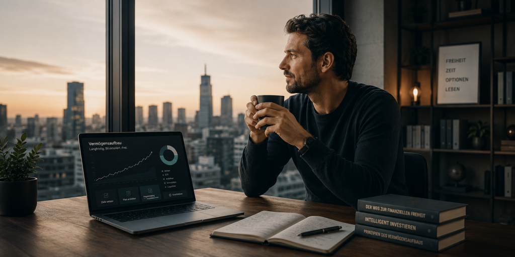 Ein Mann beschäftigt sich mit seiner Geldanlage und dem langfristigen Vermögensaufbau. Laptop, Notizen und eine ruhige Arbeitsumgebung symbolisieren finanzielle Planung und den Weg zu mehr finanzieller Freiheit.