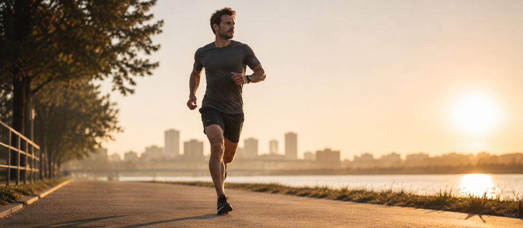 Ein Mann läuft mit kontrollierter und effizienter Bewegung entlang einer Uferpromenade im Morgenlicht. Die Szene verdeutlicht das Thema Lauftechnik verbessern und zeigt, dass entspanntes, sauberes Laufen oft zu besseren Ergebnissen führt als mehr Anstrengung.