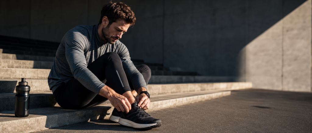 Ein Mann sitzt auf einer Treppe und bindet konzentriert seine Laufschuhe vor dem Training. Die Szene steht für das Thema Lauftechnik verbessern und verdeutlicht, dass bessere Ergebnisse oft durch Vorbereitung, Technik und Effizienz statt durch mehr Anstrengung entstehen.
