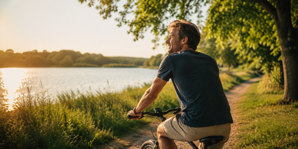 Lebensqualität im Alltag: Ein Mann fährt an einem sonnigen Nachmittag entspannt mit dem Fahrrad an einem See entlang und genießt Bewegung, Natur und freie Zeit fern vom Alltagsstress.
