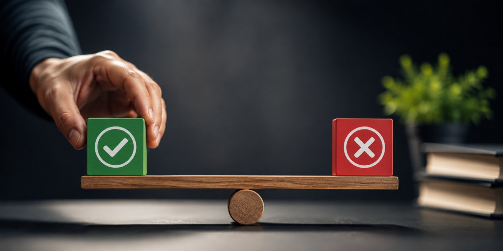 Eine Hand positioniert einen grünen Baustein mit Häkchen gegenüber einem roten Symbol auf einer Waage. Die Szene veranschaulicht das Thema SCHUFA-Eintrag löschen lassen und zeigt, dass die Löschung von bestimmten Voraussetzungen und einer sorgfältigen Prüfung abhängt.