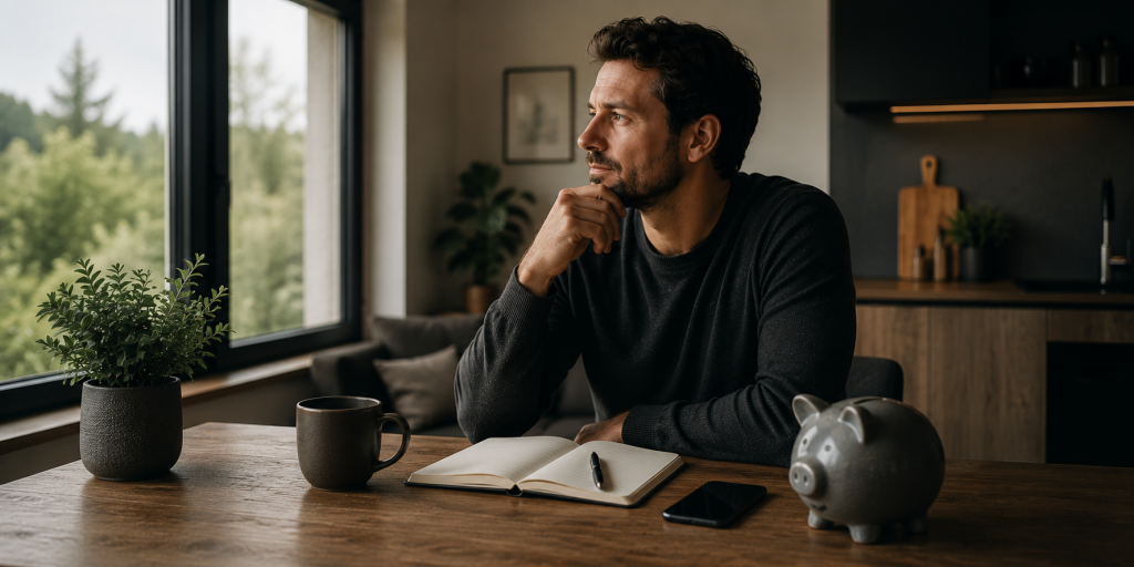 Ein Mann beschäftigt sich mit seiner Geldanlage und prüft verschiedene Sparmöglichkeiten. Die ruhige Alltagsszene steht für den Tagesgeld- und Festgeld-Vergleich zwischen Flexibilität, Sicherheit und planbaren Zinsen.