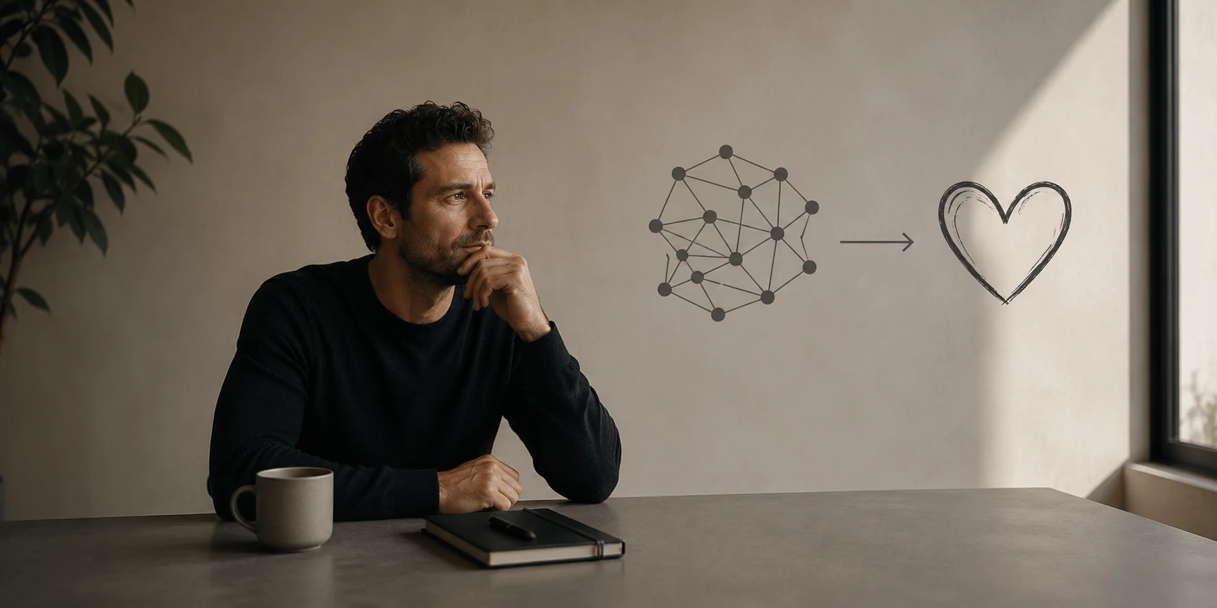 Nachdenklicher Mann sitzt in einem minimalistischen Raum, während ein schematisches Netzwerk in ein Herzsymbol übergeht – visuelle Darstellung, warum Dating-Algorithmen keine Passung garantieren und Beziehungen nicht berechnet werden können.