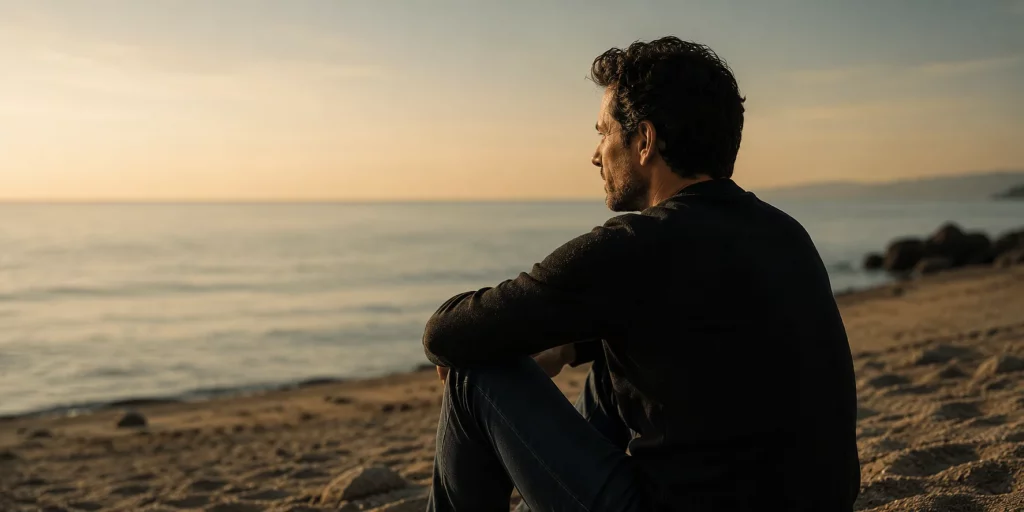 Mann sitzt allein am Strand und blickt nachdenklich auf das Meer bei Sonnenuntergang – symbolische Darstellung dafür, warum Dating-Algorithmen keine Passung garantieren und Beziehungen nicht berechnet werden können. 