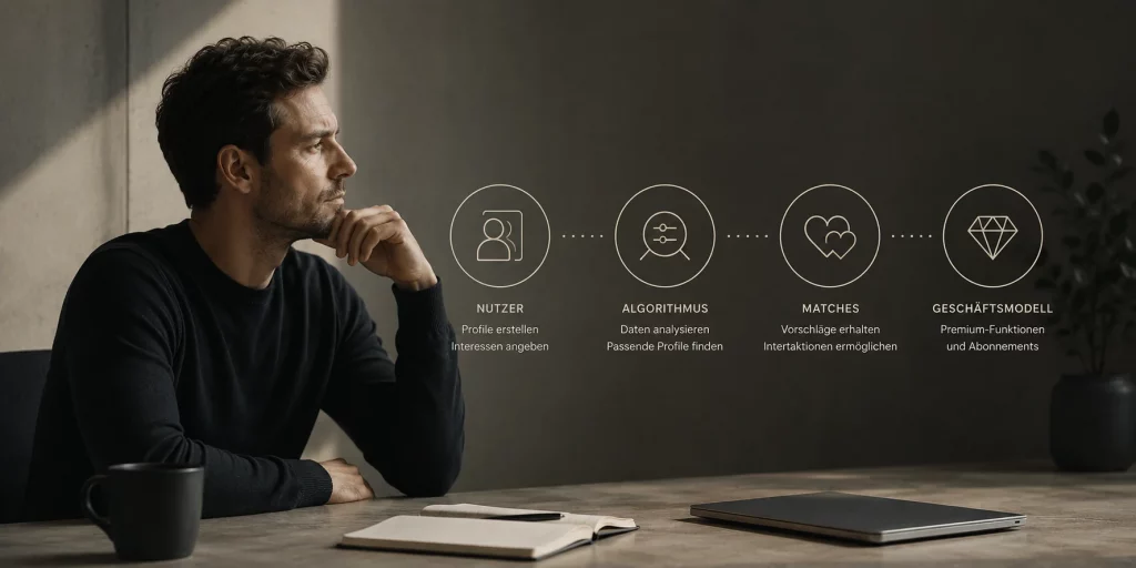 Mann betrachtet nachdenklich eine schematische Darstellung von Nutzerprofilen, Matching-Prozessen und Monetarisierung – symbolisches Featured Image zum Thema, wie Dating-Plattformen durch Struktur, Algorithmus und Geschäftsmodell funktionieren. 