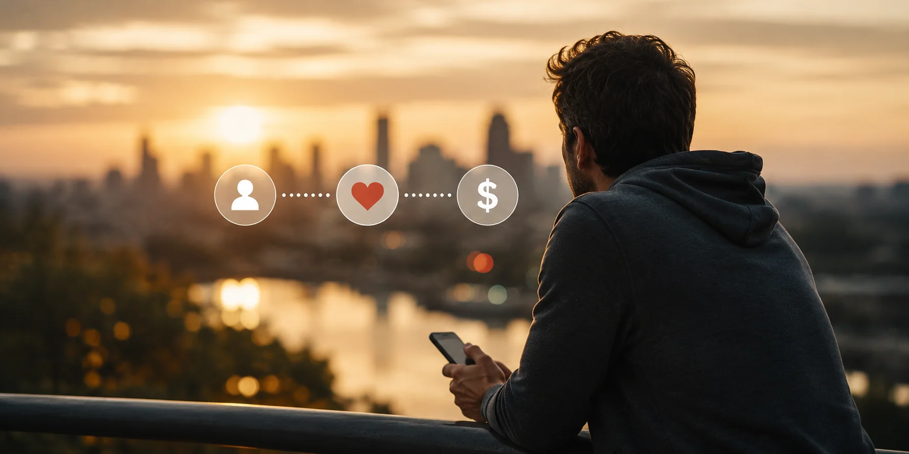 Mann blickt bei Sonnenuntergang mit Smartphone auf eine Stadtlandschaft, während Symbole für Nutzer, Matching und Bezahlung den Ablauf einer Dating-Plattform visualisieren – Darstellung von Struktur, Algorithmus und Geschäftsmodell moderner Dating-Apps.