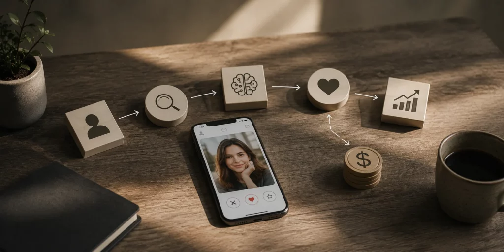 Smartphone mit Dating-App auf einem Holztisch, umgeben von Symbolen für Nutzerprofile, Suche, Algorithmus, Matching und Bezahlfunktionen – vereinfachte Darstellung, wie Dating-Plattformen funktionieren.