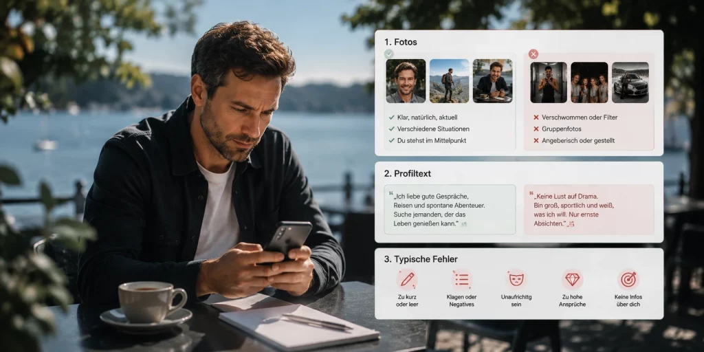 Mann erstellt in einem Café am Wasser sein Dating-Profil auf dem Smartphone und prüft Profilfotos, Profiltext sowie typische Fehler – redaktionelle Darstellung zum Thema Dating Profil erstellen. 