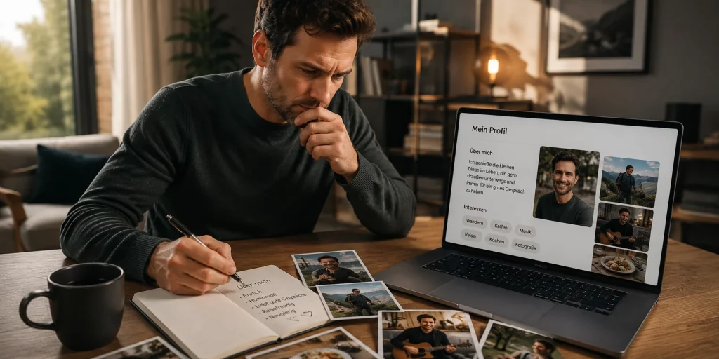 Mann arbeitet zuhause an seinem Dating-Profil und wählt passende Fotos sowie Formulierungen für den Profiltext aus – redaktionelle Darstellung zum Thema Dating Profil erstellen. 