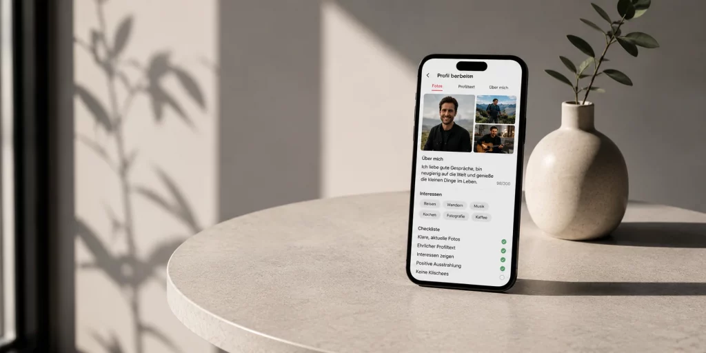 Smartphone mit bearbeitetem Dating-Profil auf einem minimalistischen Tisch im natürlichen Fensterlicht – reduzierte Darstellung von Profilfotos, Profiltext und den Grundlagen eines erfolgreichen Dating-Profils. 