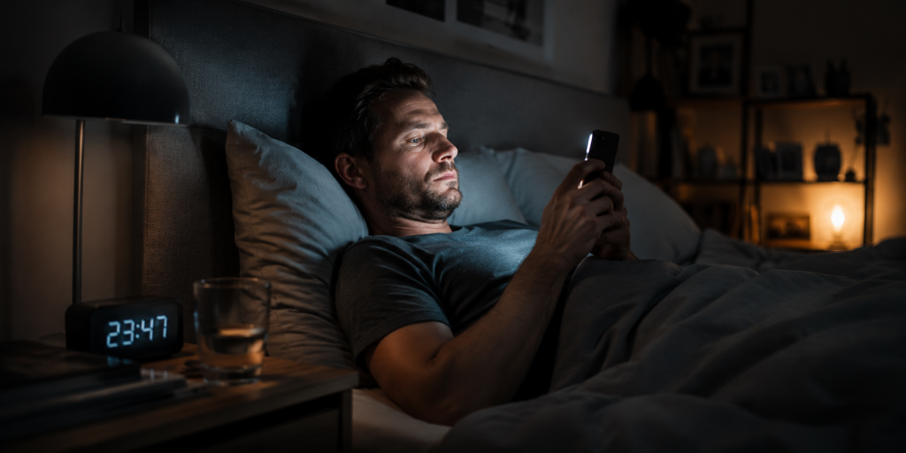 Ein Mann liegt spätabends im Bett und blickt auf sein Smartphone, während das Display sein Gesicht beleuchtet. Die Szene zeigt digitale Ablenkung im Alltag und verdeutlicht, wie ständige Bildschirmnutzung Aufmerksamkeit und Erholung beeinträchtigen kann.