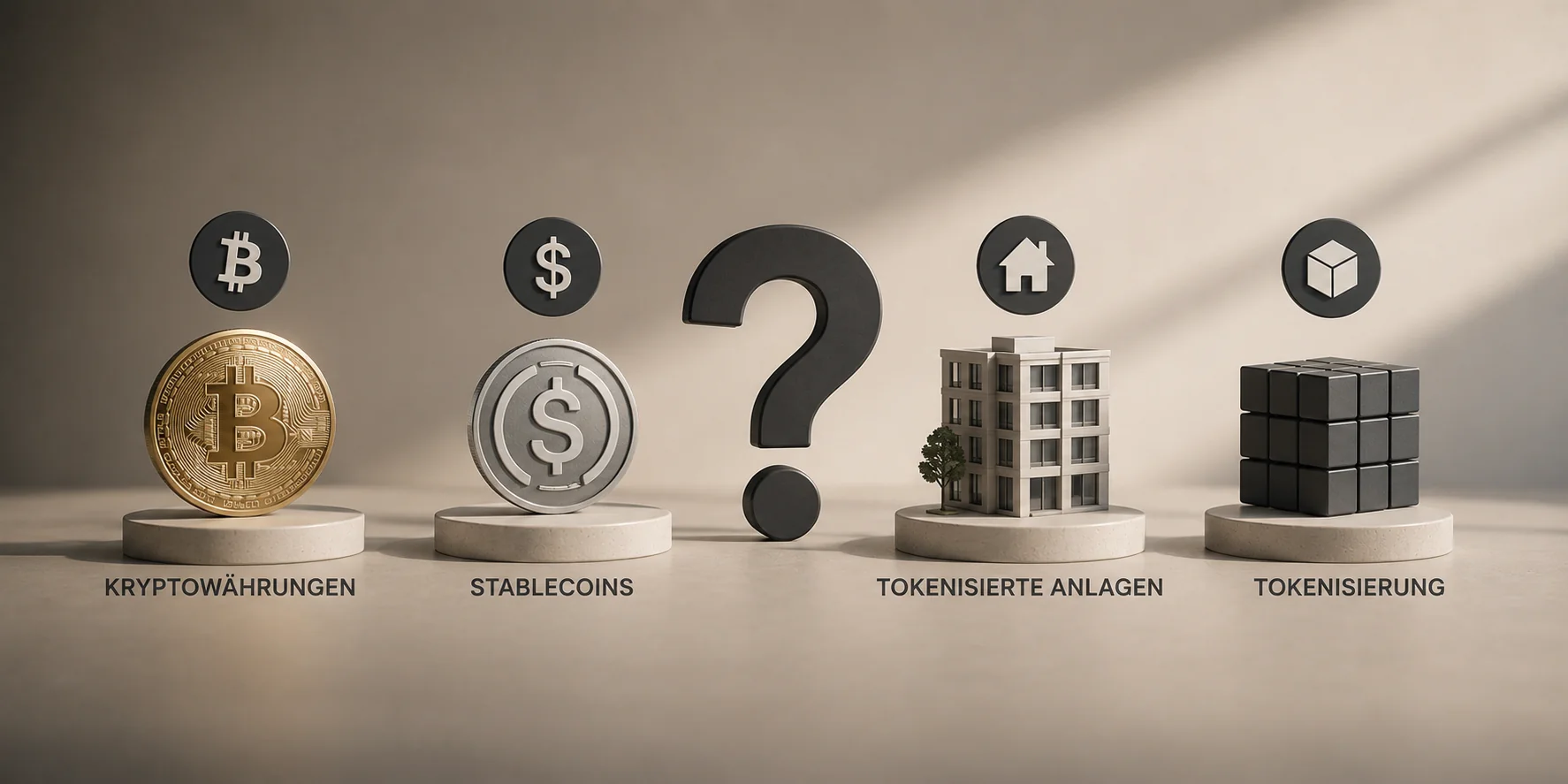 Minimalistische Übersicht zu digitalen Vermögenswerten mit Symbolen für Kryptowährungen, Stablecoins, tokenisierte Anlagen und Tokenisierung rund um ein zentrales Fragezeichen – visuelle Einordnung wichtiger Konzepte und typischer Fragen rund um digitale Finanzwerte.