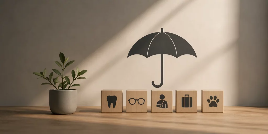 Minimalistische Darstellung von Versicherungen für Männer mit Schutzschirm und Symbolen für Zahngesundheit, Sehhilfen, Unfall, Reisen und Haustiere – visuelle Einordnung ergänzender Versicherungen für unterschiedliche Lebenssituationen und individuelle Absicherungsbedürfnisse.
