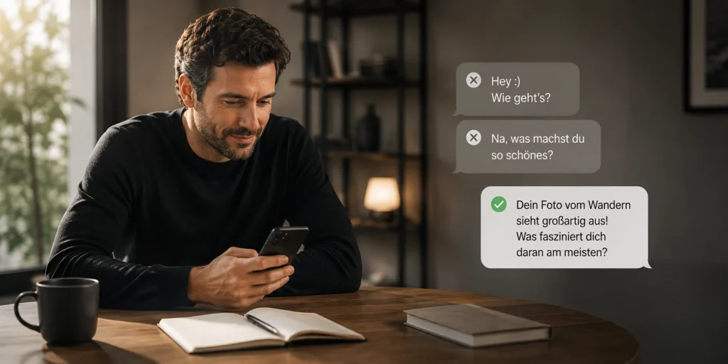 Mann formuliert auf seinem Smartphone die erste Nachricht beim Online Dating, während Beispiele für gelungene und wenig wirkungsvolle Anschreiben eingeblendet werden – authentische Darstellung erfolgreicher Kontaktaufnahme.