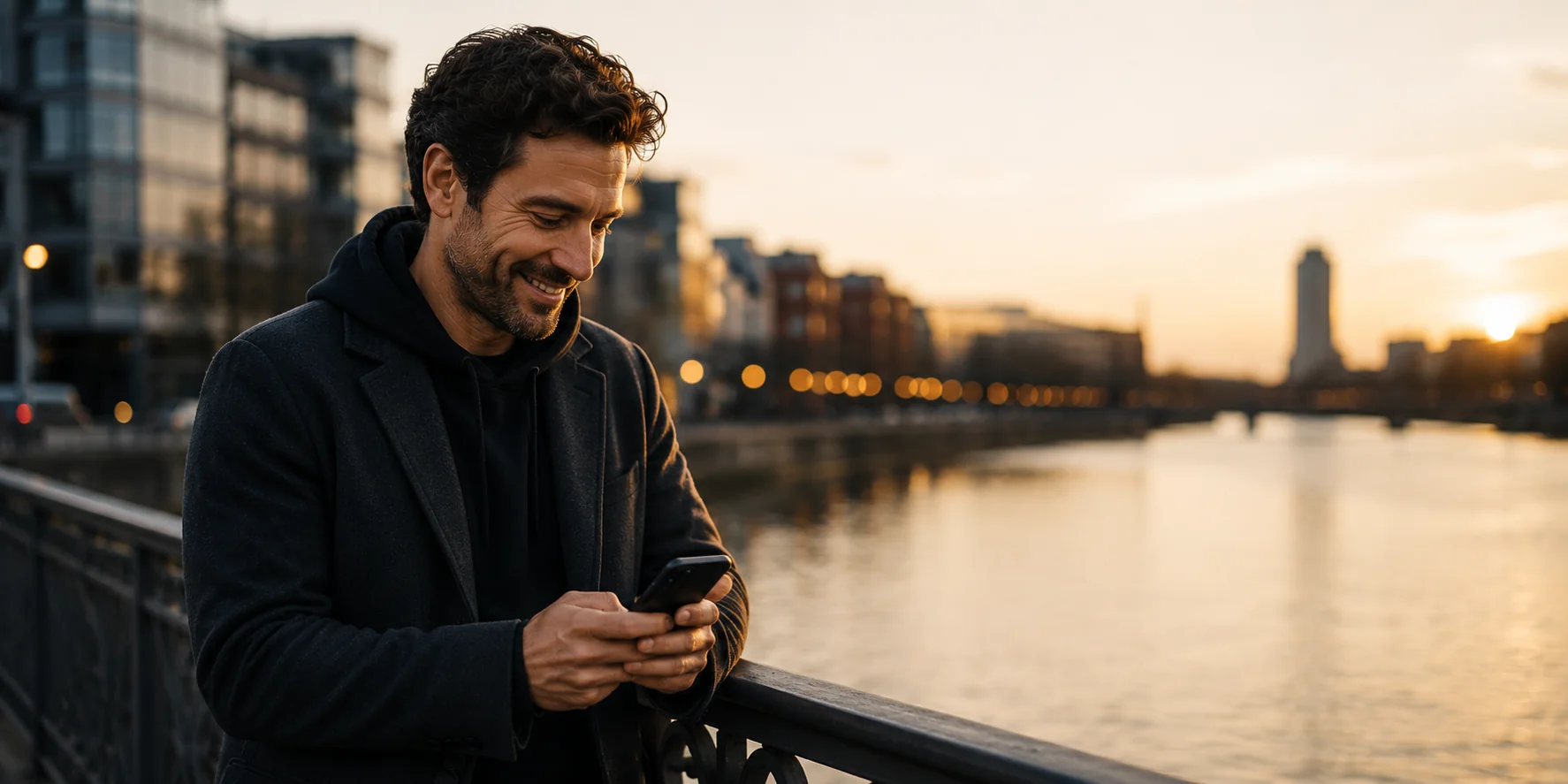 Mann liest lächelnd eine Nachricht auf seinem Smartphone und steht bei Sonnenuntergang an einer Brücke über dem Fluss – authentische Darstellung zum Thema Erste Nachricht beim Online Dating und gelungener Gesprächseinstieg.