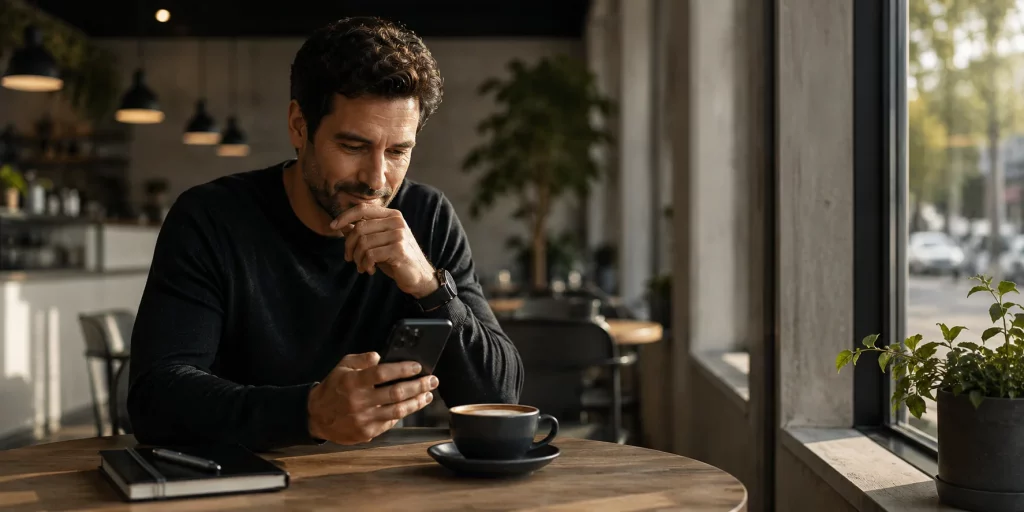 Mann sitzt in einem ruhigen Café am Fenster und liest aufmerksam eine Nachricht auf seinem Smartphone – authentische Darstellung zum Thema Erste Nachricht beim Online Dating und der Bedeutung eines gelungenen Gesprächseinstiegs.
