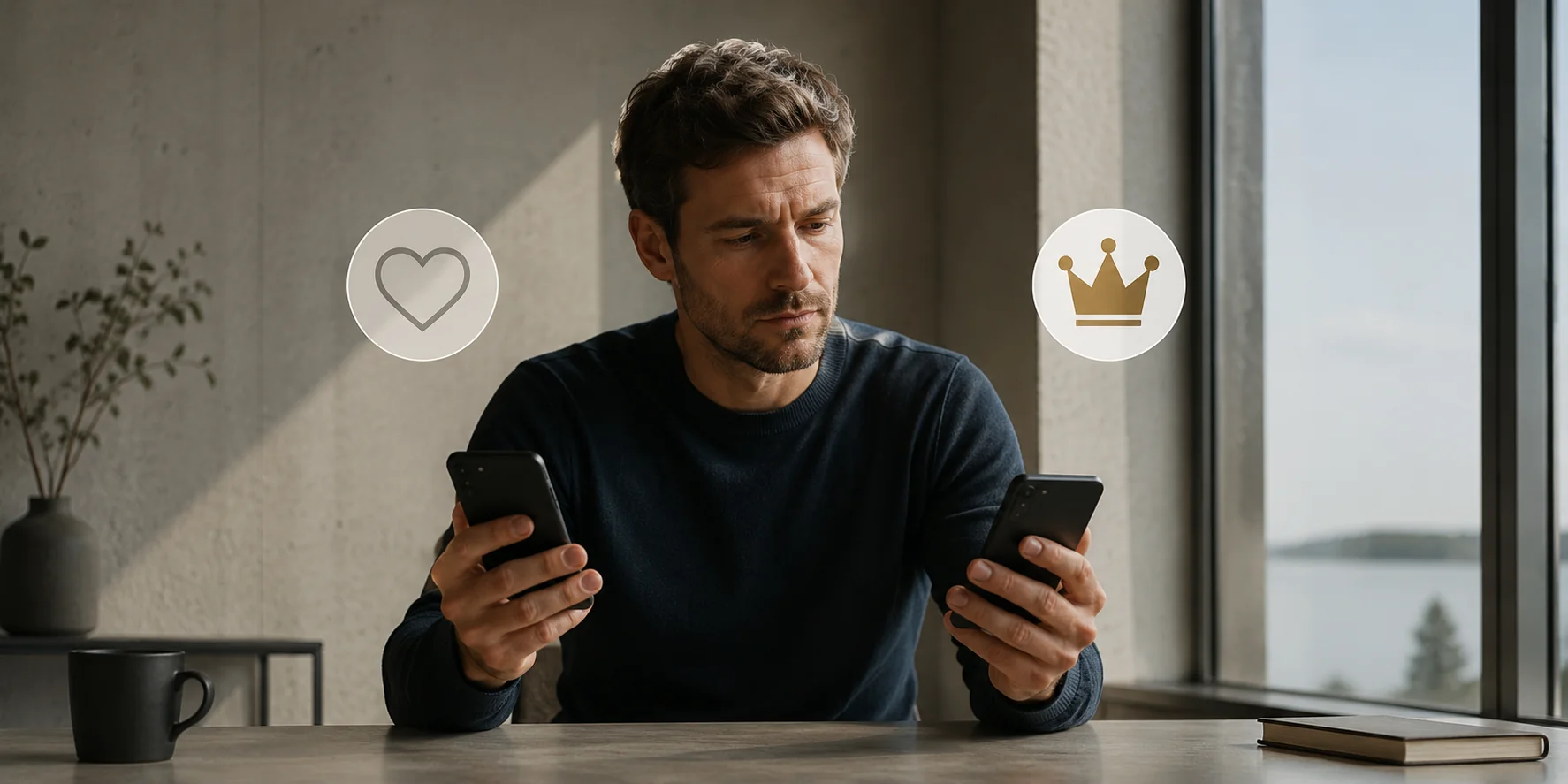 Mann sitzt in einem ruhigen, modernen Innenraum und vergleicht zwei Smartphones – symbolische Darstellung der Entscheidung zwischen kostenlosen Dating-Apps vs Premium-Modelle bei der Partnersuche.