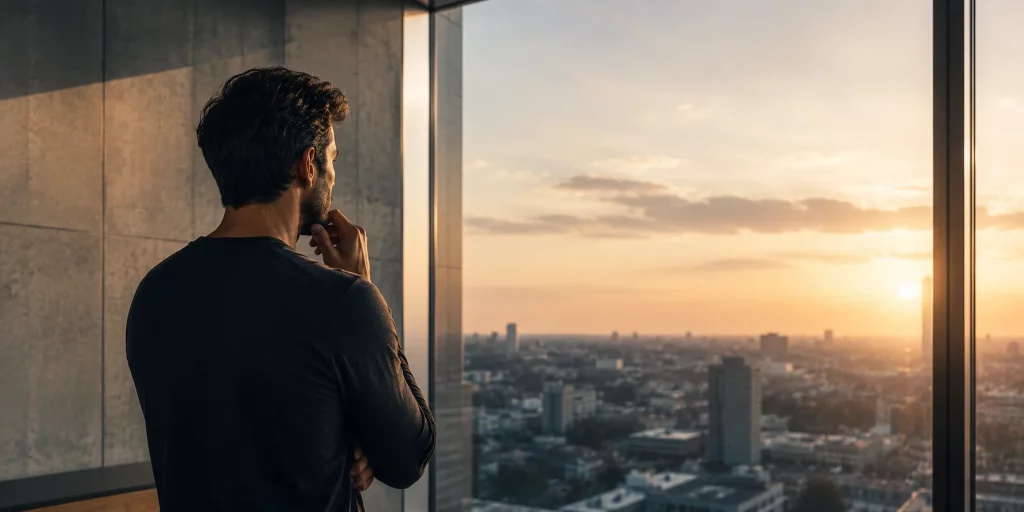 Mann steht nachdenklich vor einem großen Fenster mit Blick über eine Stadt bei Sonnenuntergang und symbolisiert Orientierung, Entscheidungen und Reflexion im Kontext moderner Partnersuche. 