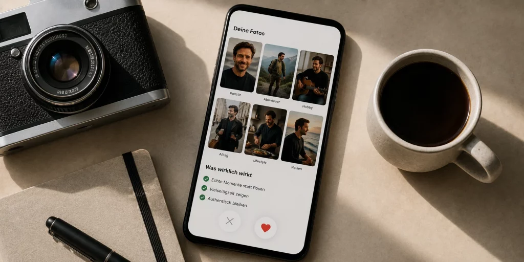 Smartphone mit ausgewählten Profilfotos für Online Dating neben Kamera, Notizbuch und Kaffeetasse – symbolische Darstellung dafür, welche Bilder wirklich wirken und wie authentische Selbstdarstellung gelingt.