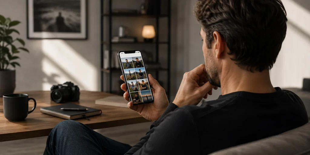 Mann betrachtet auf dem Smartphone verschiedene Profilfotos in einem ruhigen Wohnzimmer und bewertet deren Wirkung – authentische Darstellung zum Thema, welche Fotos beim Online Dating wirklich wirken.
