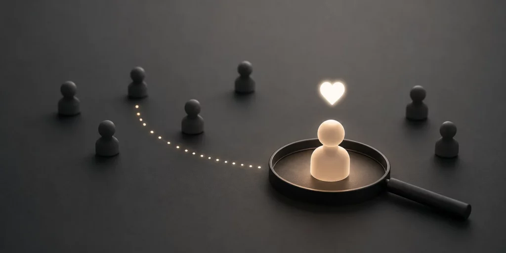 Eine hervorgehobene Figur wird durch eine Lupe und ein Herzsymbol sichtbar gemacht, während andere Figuren im Hintergrund bleiben. Die minimalistische Darstellung symbolisiert Matching-Logik und Sichtbarkeit sowie die Frage, warum manche Profile auf Dating-Plattformen häufiger angezeigt werden als andere.