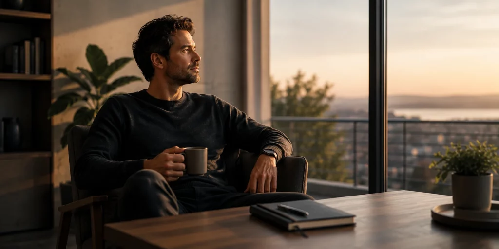 Mann sitzt mit einer Tasse Kaffee in einem ruhigen Wohnraum und blickt nachdenklich aus dem Fenster – symbolische Darstellung von Pausen und Prioritäten, wenn berufliche, gesundheitliche oder persönliche Themen vor der Partnersuche stehen.