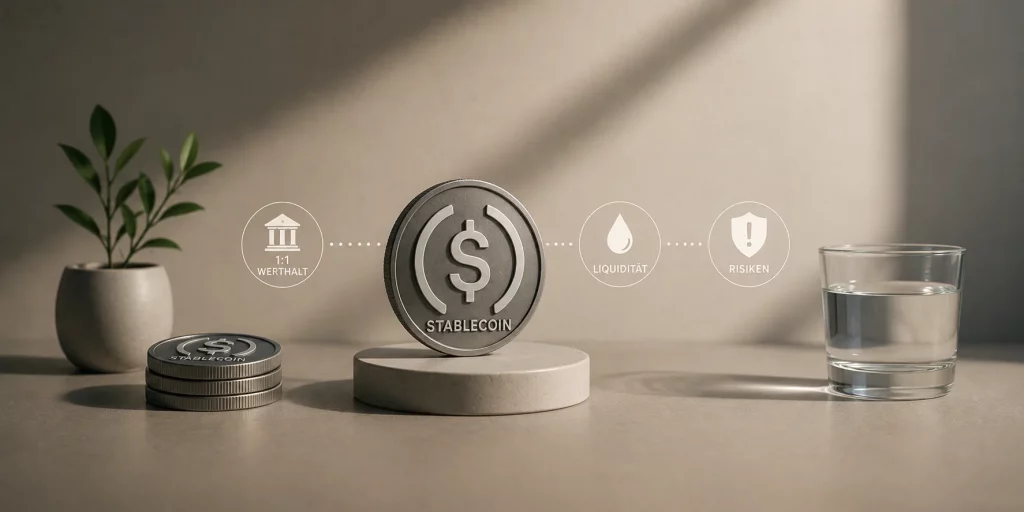 Minimalistische Darstellung von Stablecoins und digitaler Liquidität: Ein digitaler Coin steht zwischen Symbolen für Wertstabilität, Liquidität und Risiken und verdeutlicht die digitale Abbildung klassischer Währungen sowie die Chancen und Grenzen von Stablecoins. 