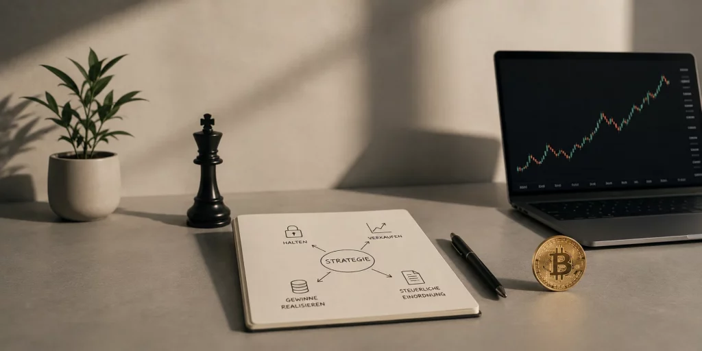 Minimalistische Darstellung einer Krypto-Investmentstrategie mit Notizbuch, Bitcoin, Schachfigur und Kursentwicklung – symbolisch für langfristige Entscheidungen zu Halten, Verkaufen, Gewinnmitnahmen und steuerlicher Einordnung digitaler Vermögenswerte.