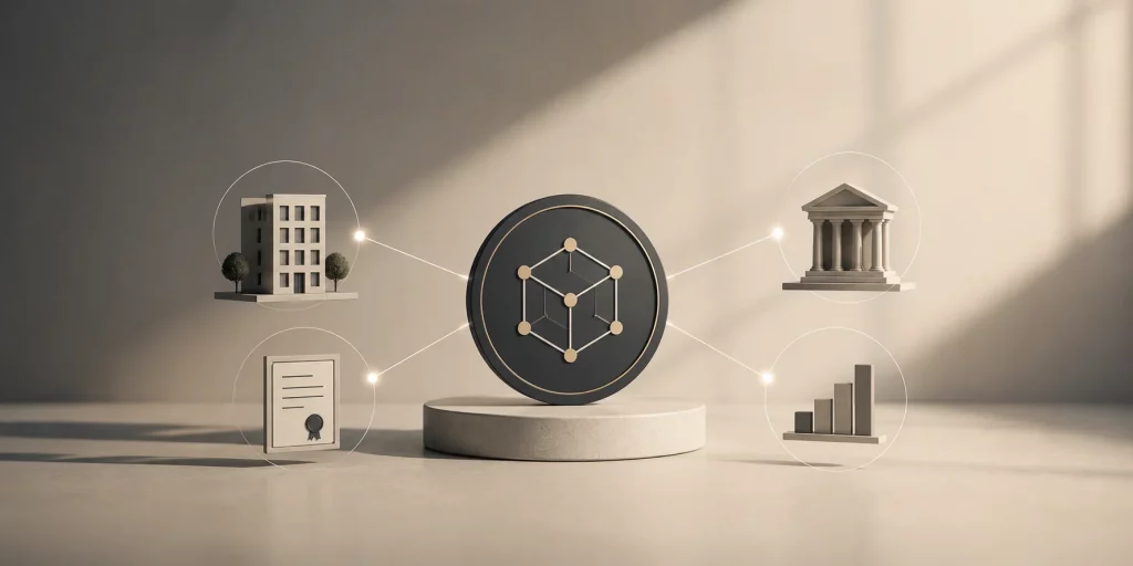Minimalistische Darstellung der Tokenisierung digitaler Vermögenswerte: Ein digitaler Token ist mit Immobilien, Anleihen, Finanzinstitutionen und Kapitalanlagen verbunden und symbolisiert die digitale Abbildung realer Vermögenswerte. 