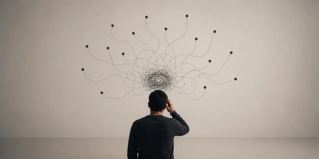Ein Mann blickt auf ein komplexes Netz aus miteinander verbundenen Linien. Die minimalistische Szene veranschaulicht, warum unser Gehirn mit zu vielen Optionen kämpft und Entscheidungen zunehmend schwieriger werden.