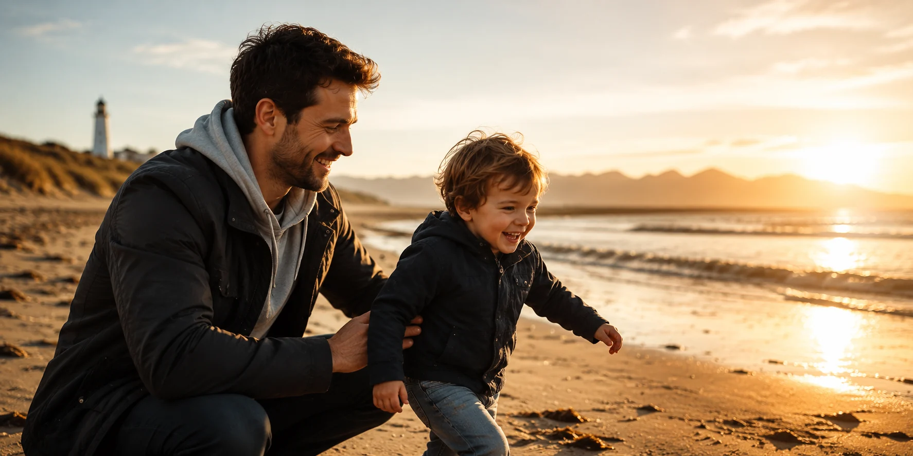 Dating mit Kinderwunsch: Ein Mann spielt mit einem kleinen Kind am Strand bei Sonnenuntergang. Die emotionale Alltagsszene steht für den Wunsch nach Familie, gemeinsame Zukunft und bewusste Entscheidungen bei der Partnersuche.