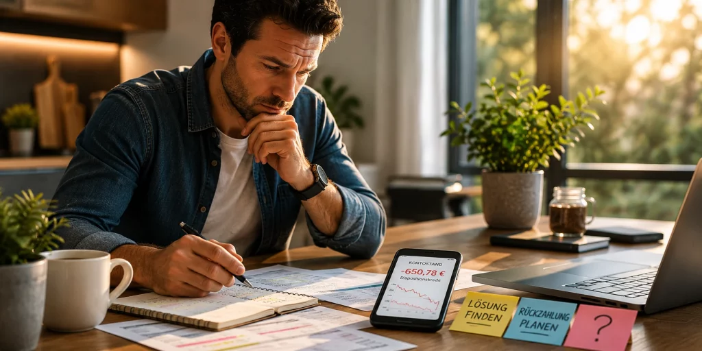 Dispositionskredit: Ein Mann prüft konzentriert Kontoauszüge und sein Smartphone mit negativem Kontostand. Die Szene verdeutlicht die Abwägung zwischen kurzfristiger finanzieller Flexibilität und den Risiken eines dauerhaft genutzten Dispokredits.