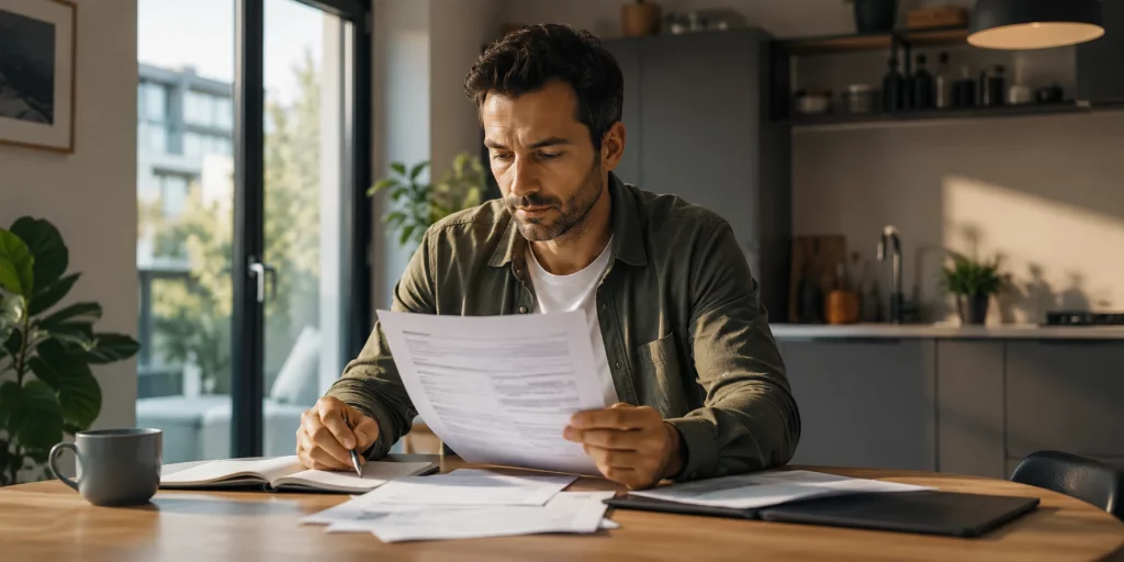 Ein Mann prüft zu Hause an seinem Esstisch aufmerksam Vertragsunterlagen und Finanzdokumente. Das Bild steht für das Thema Kredit mit befristetem Arbeitsvertrag und die sorgfältige Bewertung der Finanzierungsmöglichkeiten durch Banken.